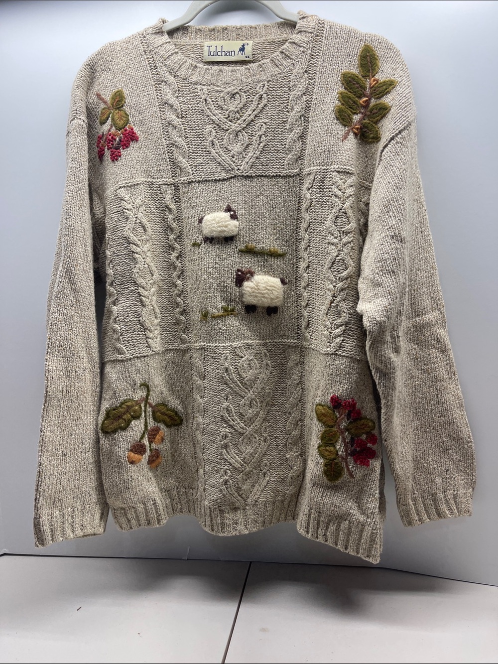 Tulchan Cream Cable Knit Crewneck Sweater with Embroidered Sheep & Floral Motifs